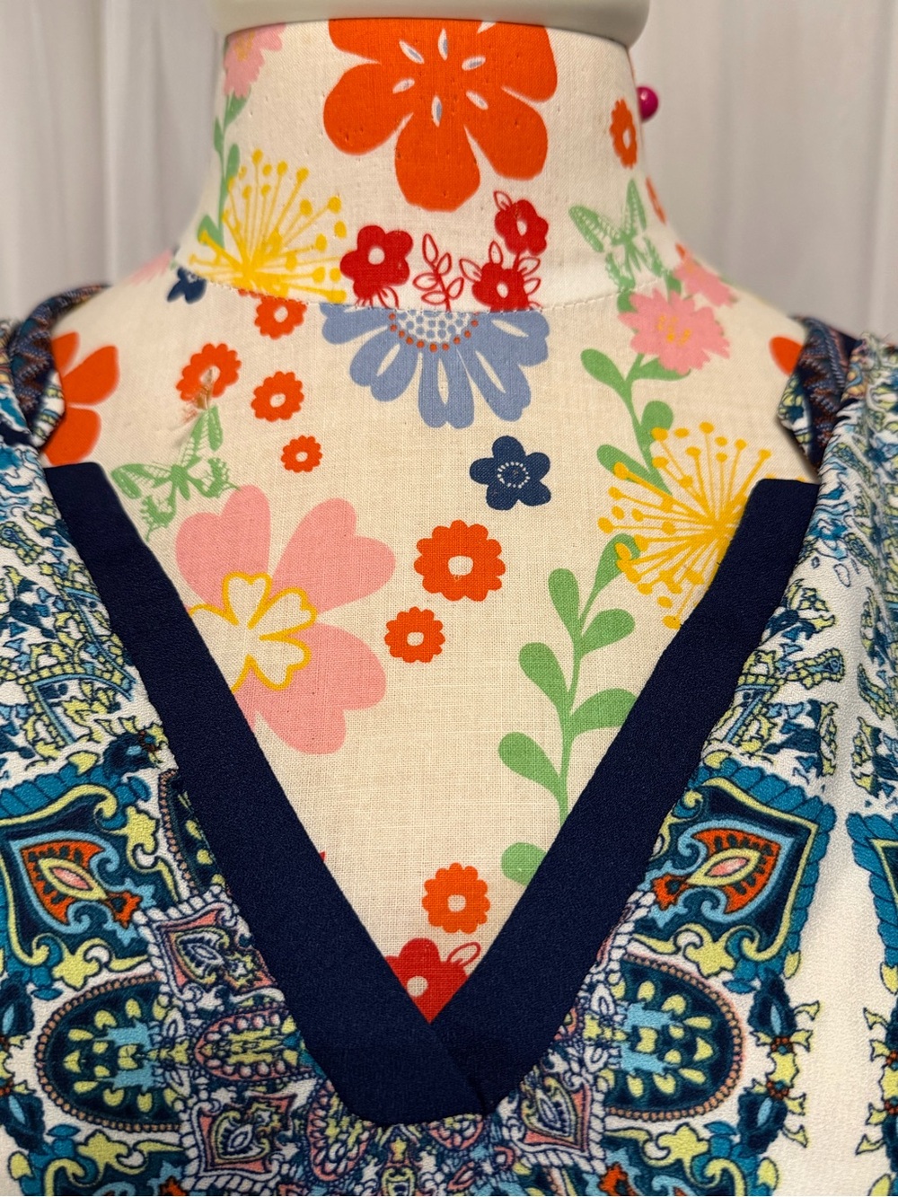 Renee C. Sleeveless V-Neck Paisley Chevron Mini Dress in Blue, Navy & Orange - Picture 2 of 4